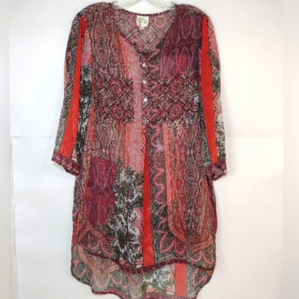 Fig and Flower Sheer Boho Tunic Blouse Paisley Patchwork Print Size L - Picture 2 of 12